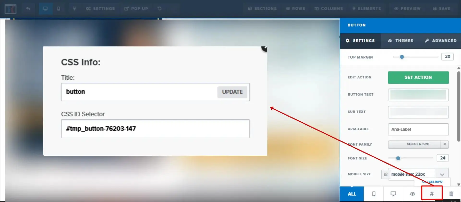 ClickFunnels button settings showing a CSS ID selector