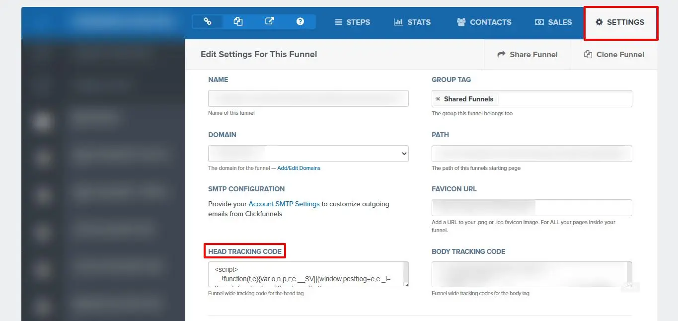 ClickFunnels funnel settings showing the Head Tracking Code field