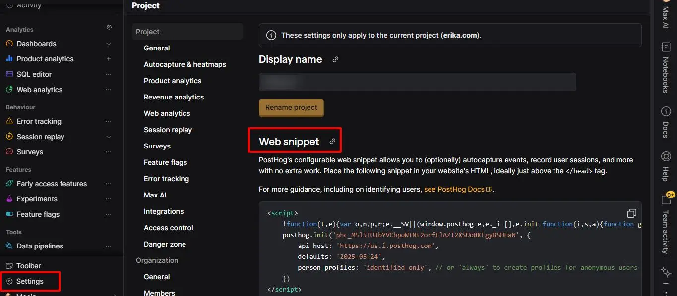 PostHog project settings showing the Web snippet section