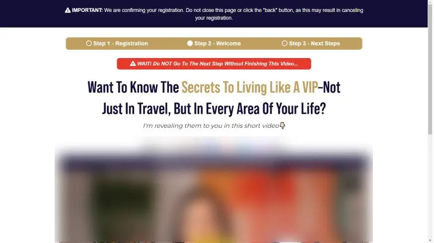 Test Group 3 thank-you page showing a headline about the secrets to living like a VIP beyond travel, above a video.