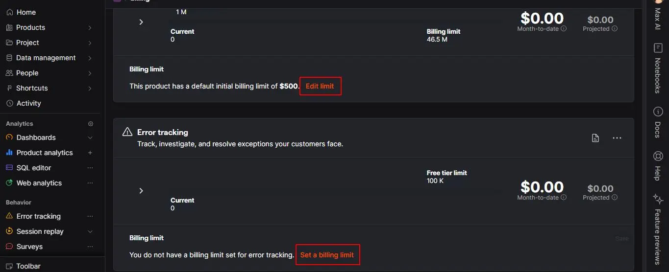 PostHog billing screen showing billing limits for Product Analytics and Error Tracking.