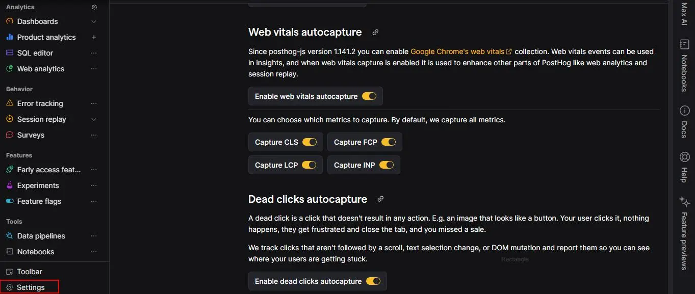 PostHog project settings showing Web Vitals and Dead Clicks autocapture enabled.