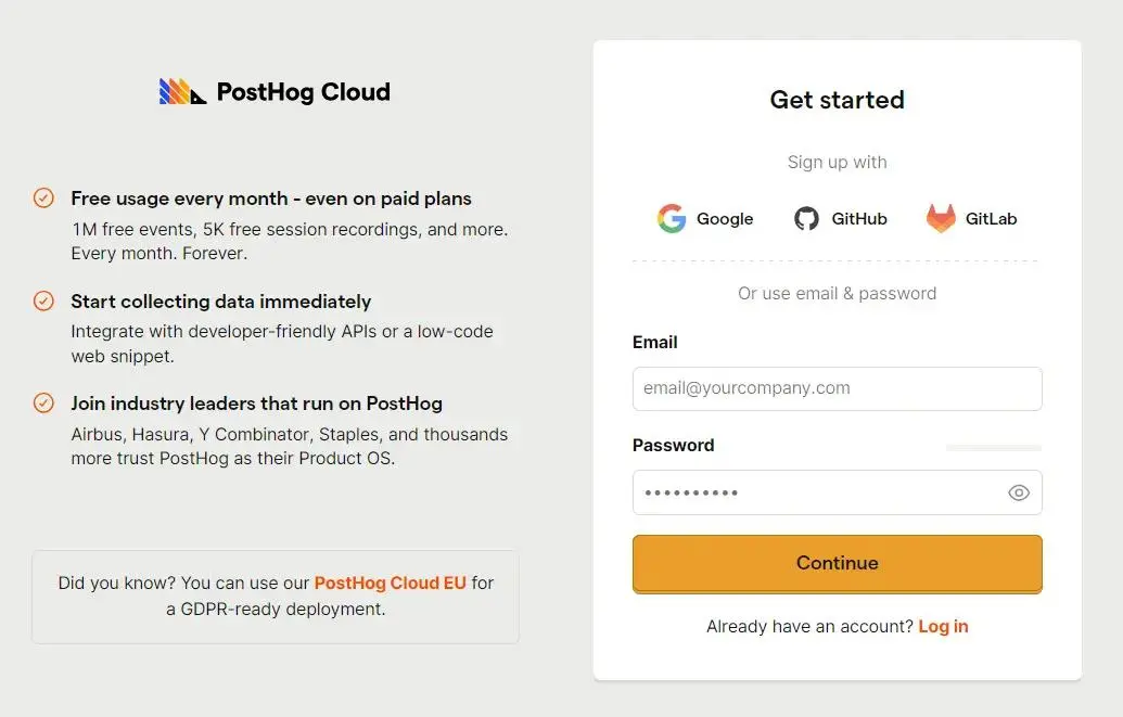 PostHog Cloud sign-up page with account creation options