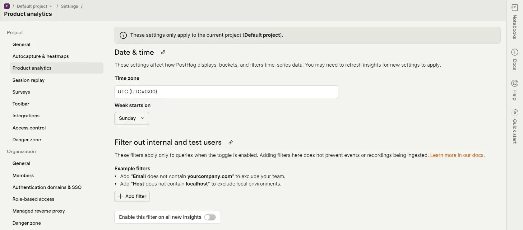 PostHog product analytics settings showing UTC time zone, Sunday week start, and internal-user filters