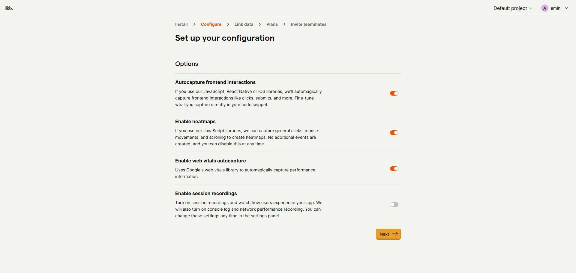 PostHog configuration screen with autocapture, heatmaps, web vitals, and session recording settings