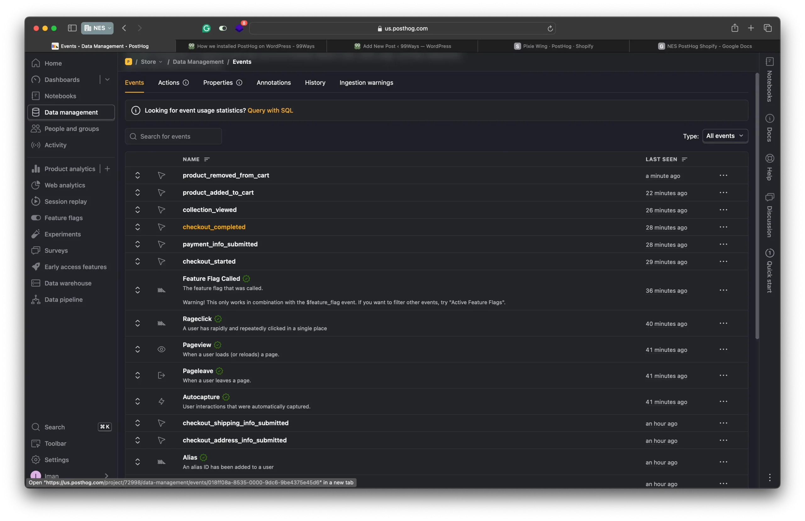 PostHog Events page showing Shopify events including checkout_completed and product_added_to_cart