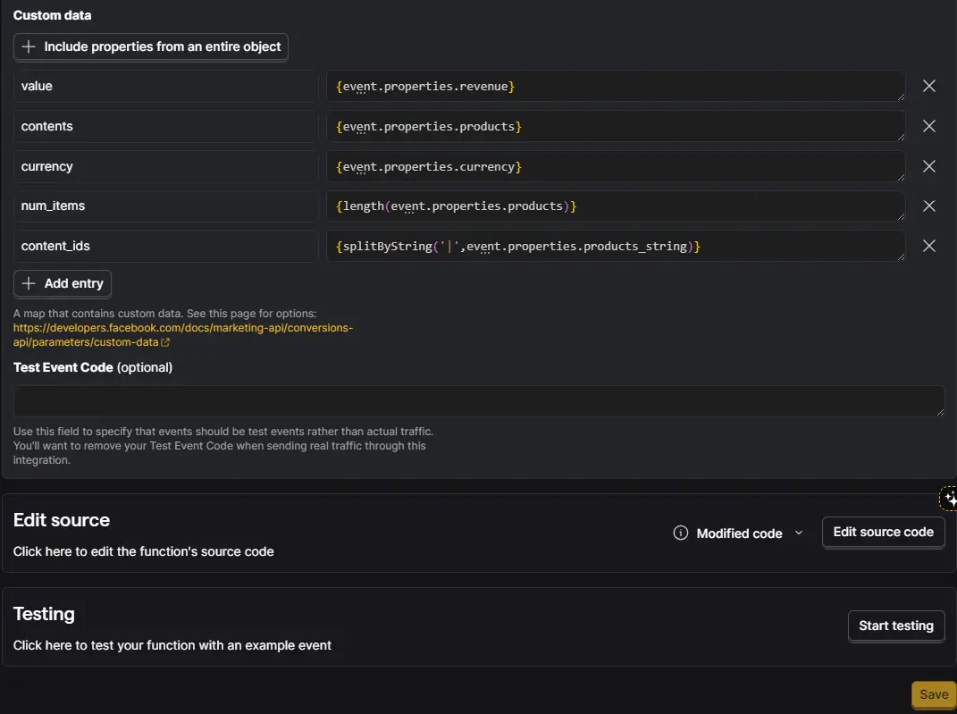 PostHog Meta Ads Conversions custom data fields for value, contents, currency, item count, and content IDs