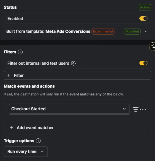 PostHog Meta Ads Conversions destination filters with a Checkout Started event matcher