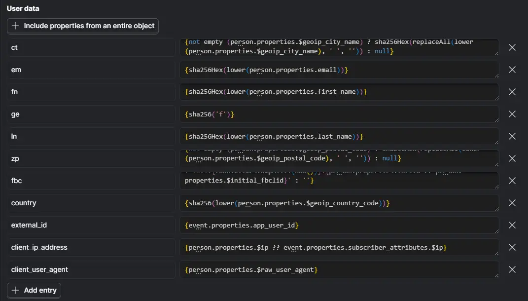 PostHog Meta Ads Conversions user data fields with hashed customer attributes