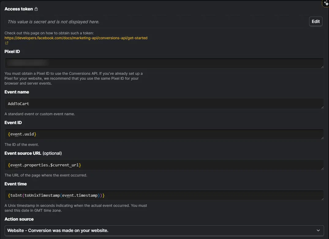 PostHog Meta Ads Conversions event data fields, including Pixel ID, event name, event ID, source URL, and event time