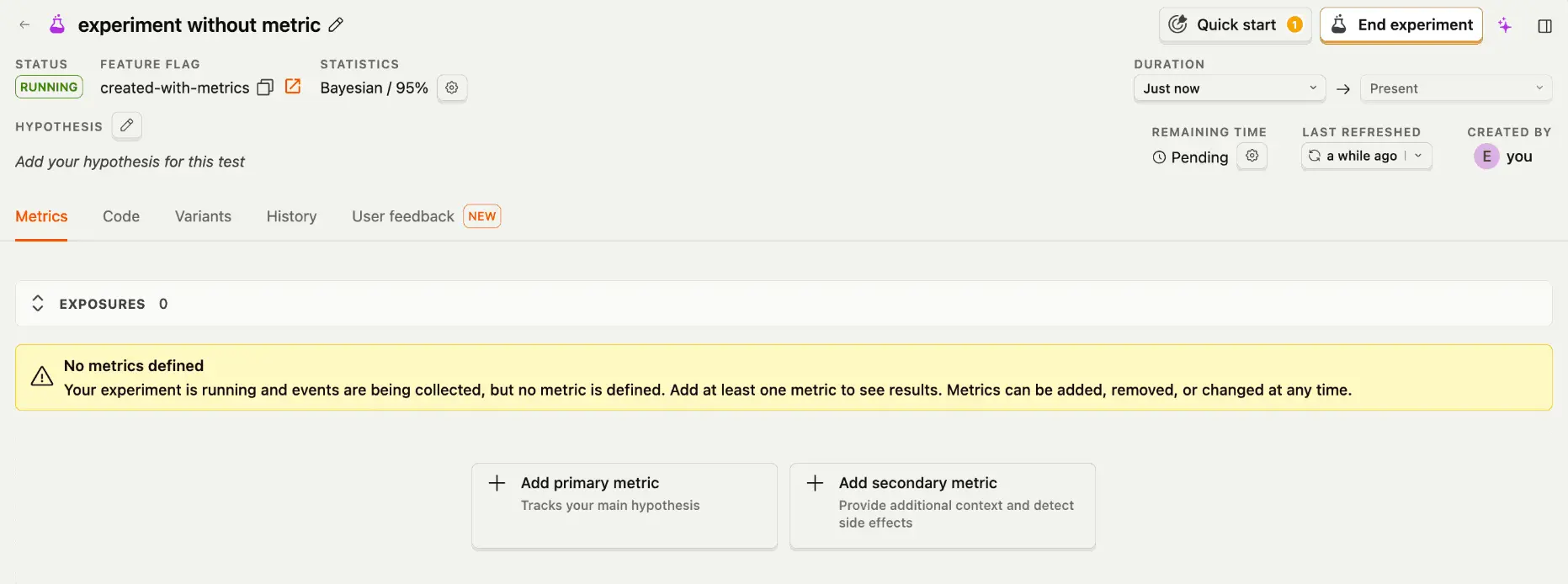 Running PostHog experiment showing no metrics defined and controls to add primary or secondary metrics