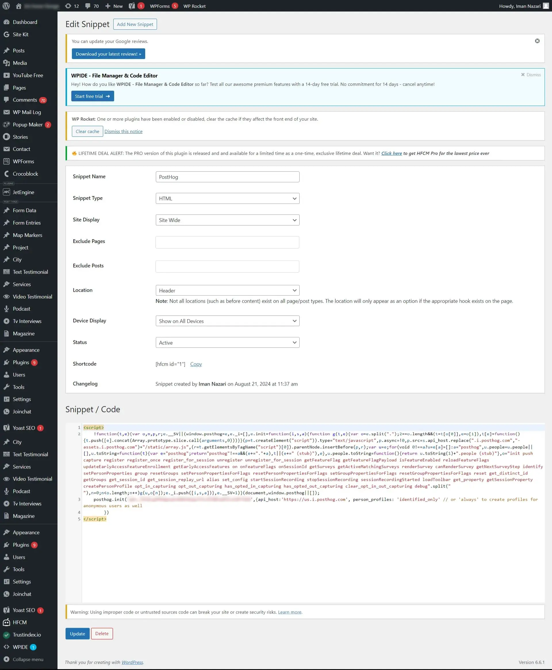 HFCM snippet editor configured for site-wide header placement