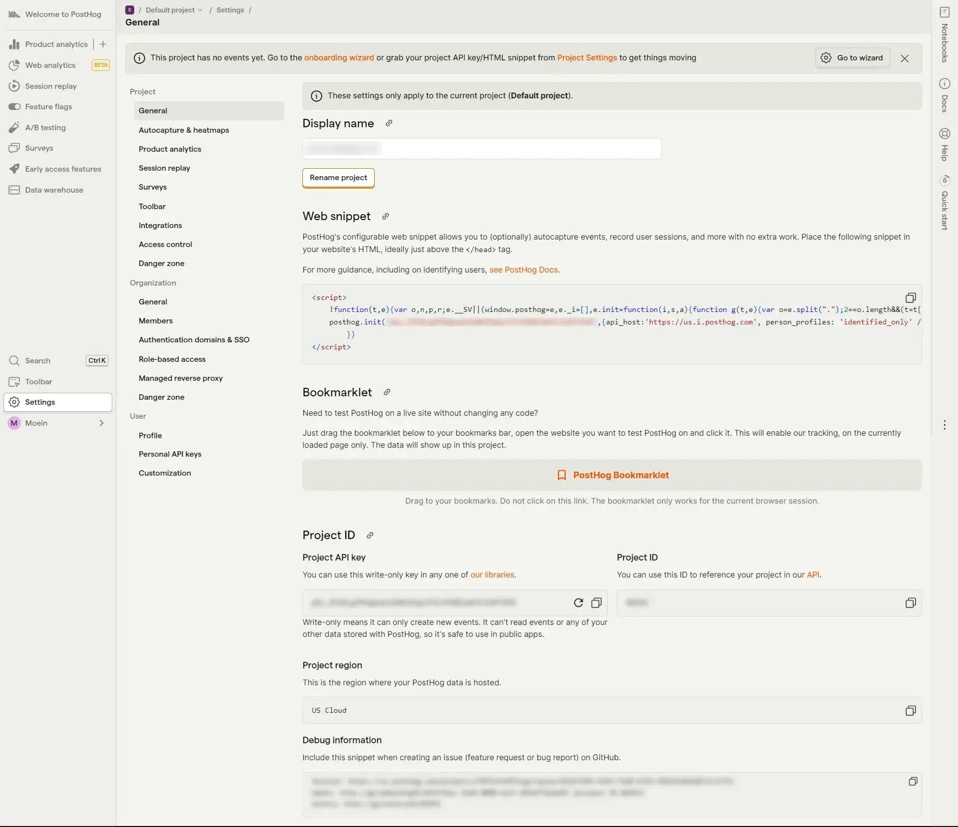 PostHog Project Settings showing the web snippet