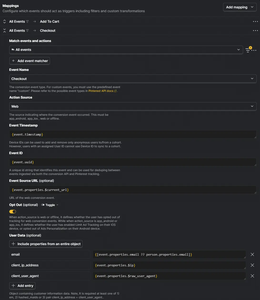 PostHog Pinterest Conversions API checkout mapping with event and user data fields