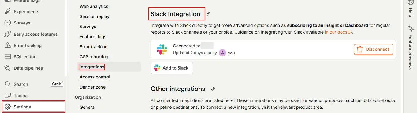 PostHog Slack integration settings with a connected Slack workspace