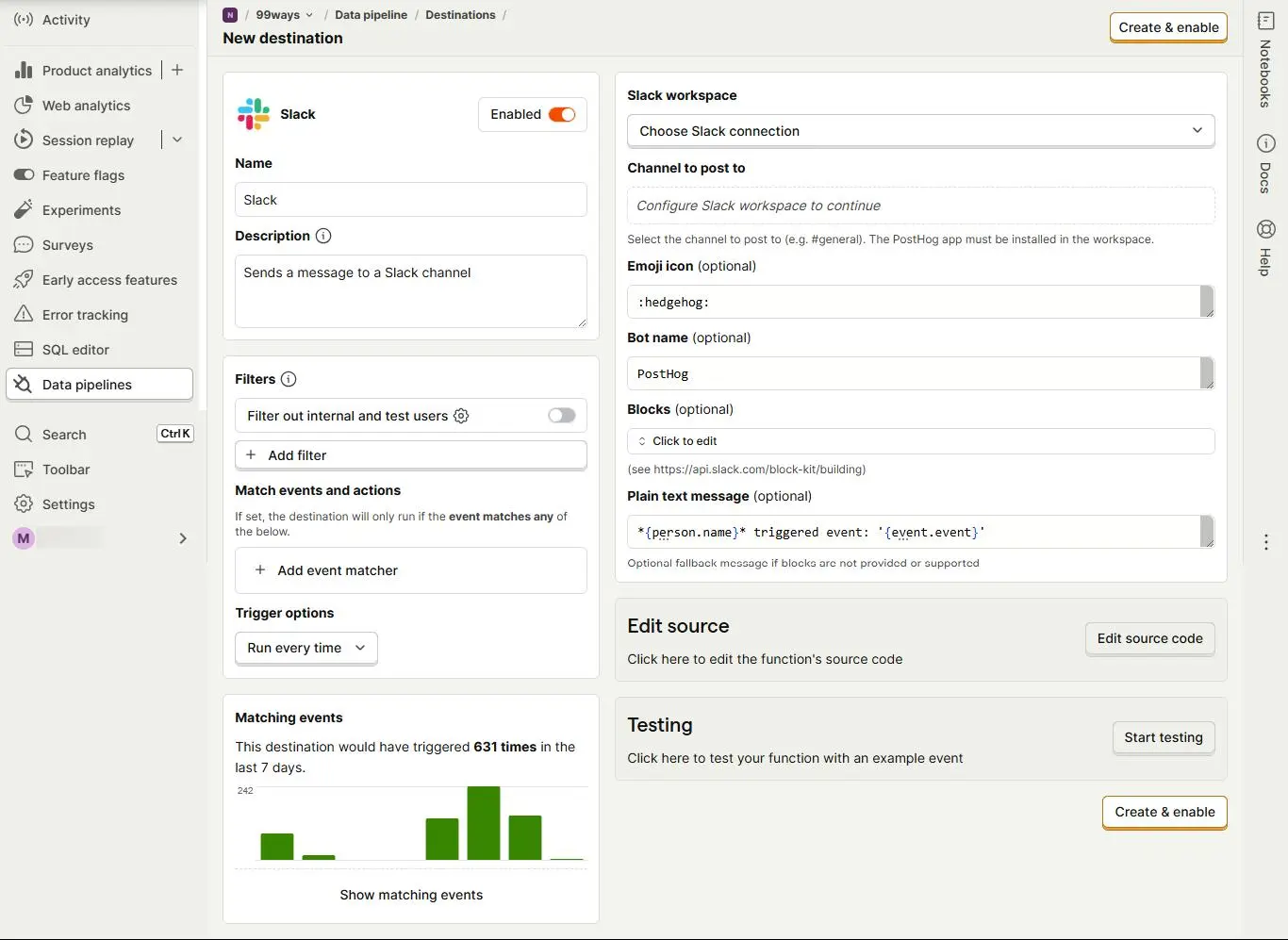 PostHog Slack destination configuration form with workspace, channel, filters, and event matcher settings
