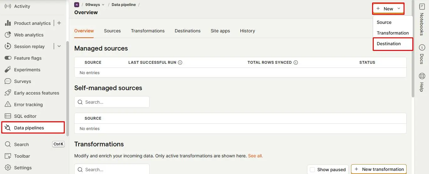 PostHog Data pipeline overview with the New menu open to Destination