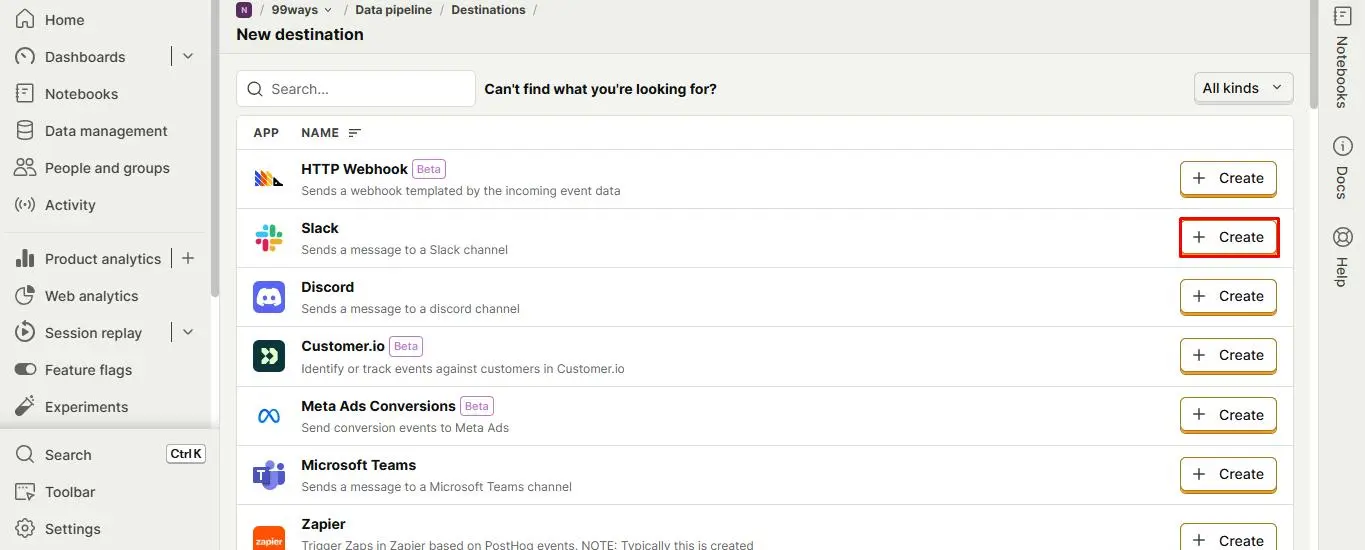 PostHog New destination list with Slack and its Create button