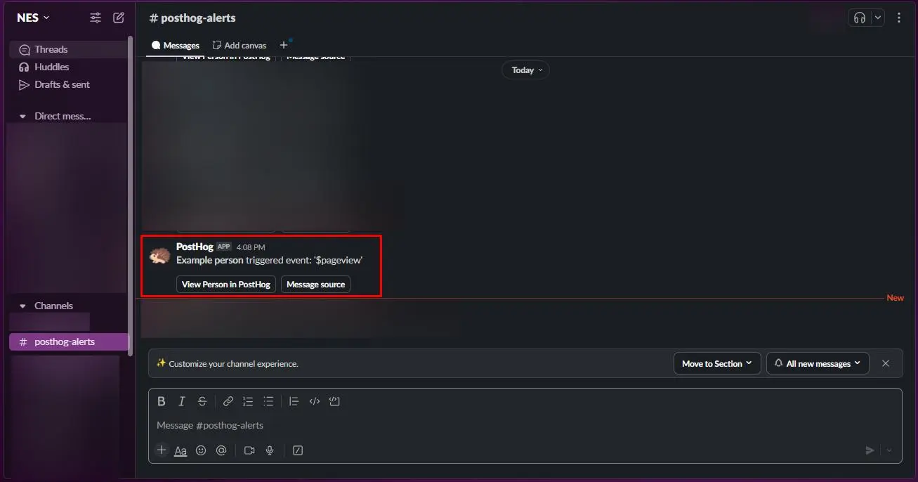 Test event notification from PostHog in the #posthog-alerts Slack channel