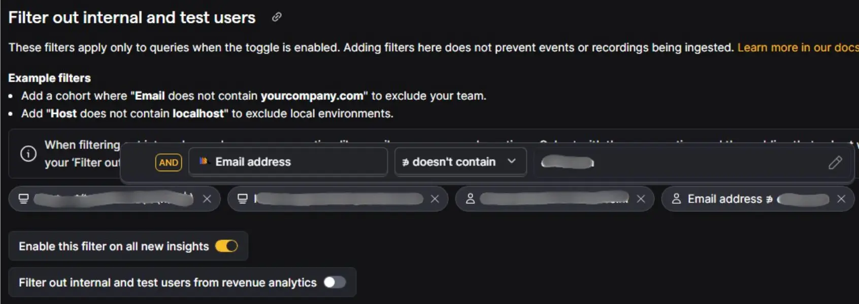 PostHog Email address filter using a "doesn't contain" rule.