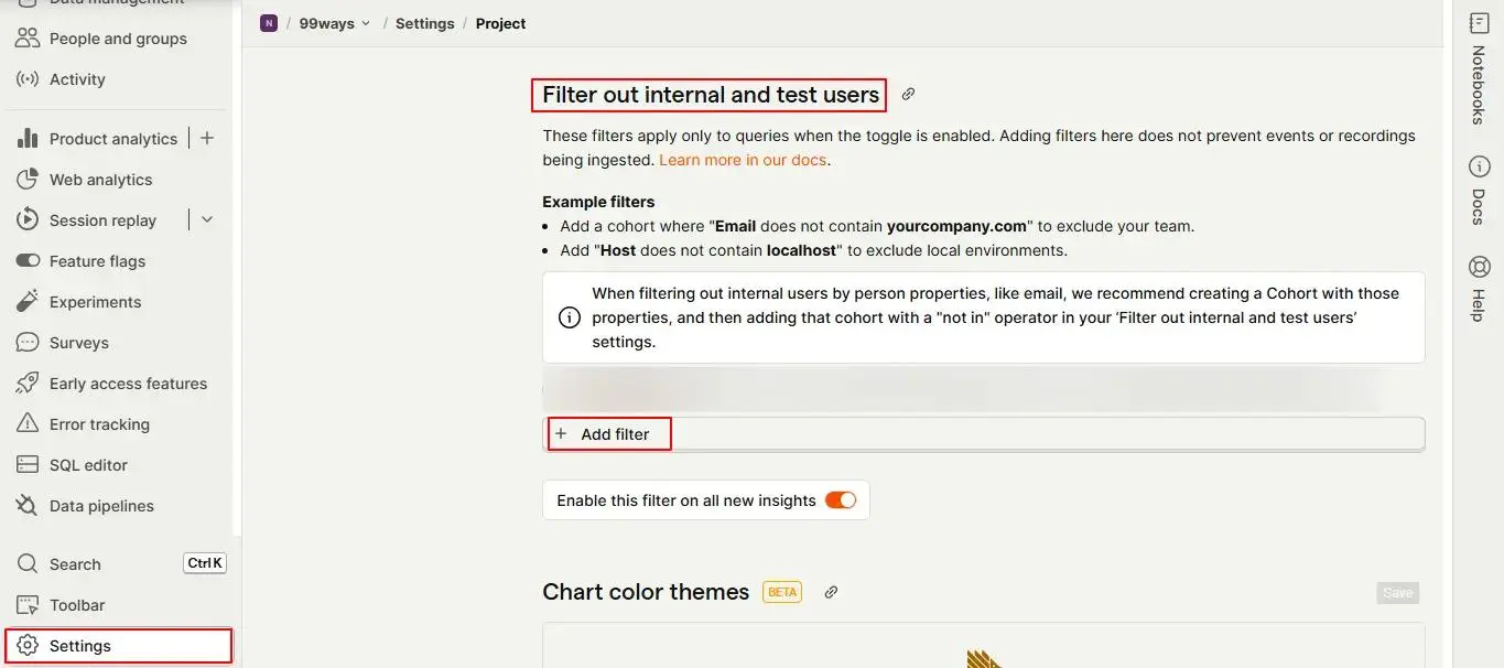 PostHog Settings page showing the "Filter out internal and test users" section and Add filter button.