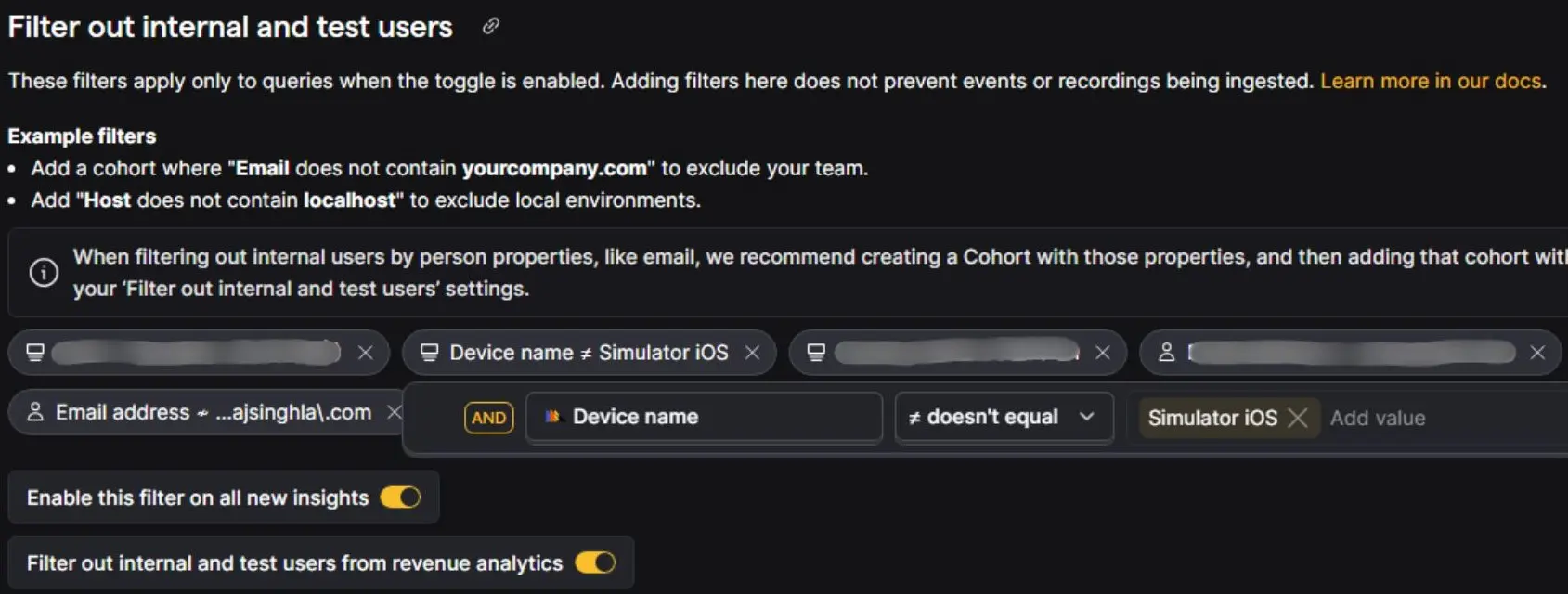 PostHog Device name filter excluding Simulator iOS, with the global filter enabled.