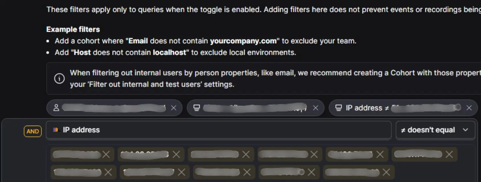 PostHog IP address filter listing multiple excluded IP values.