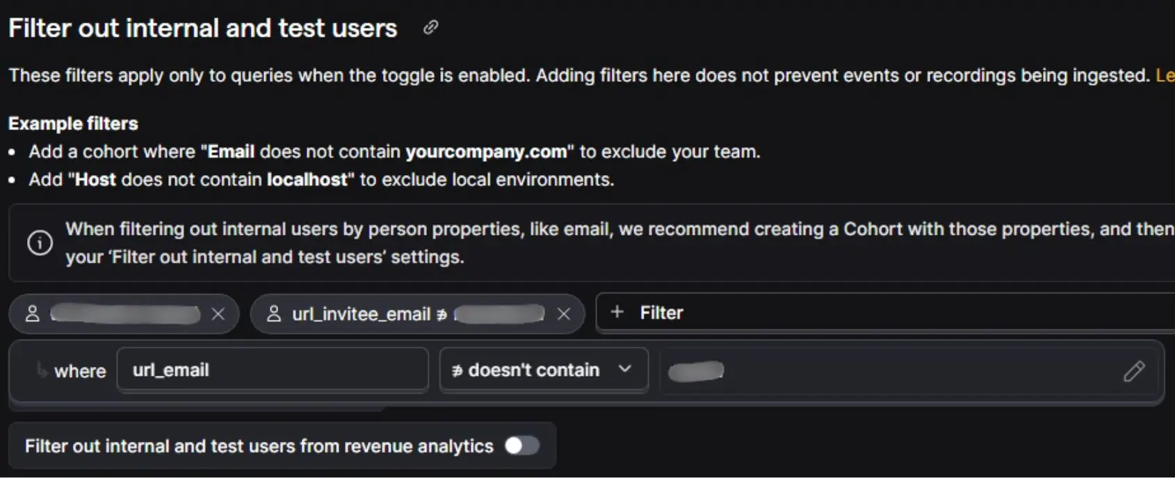 PostHog URL parameter filter applying a "doesn't contain" rule to url_email.