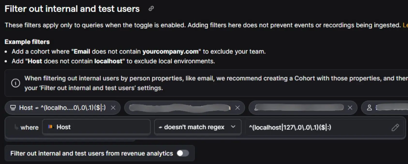 PostHog Host filter using a regular expression to exclude localhost and local development addresses.